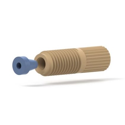 Upchurch Scientific Flangeless Fitting System for 1/16 inch OD Tubing, 1/4-28 Flat-Bottom, Headless Knurl, PPS/ETFE, Natural/Blue, Single - XP-286 - Click Image to Close